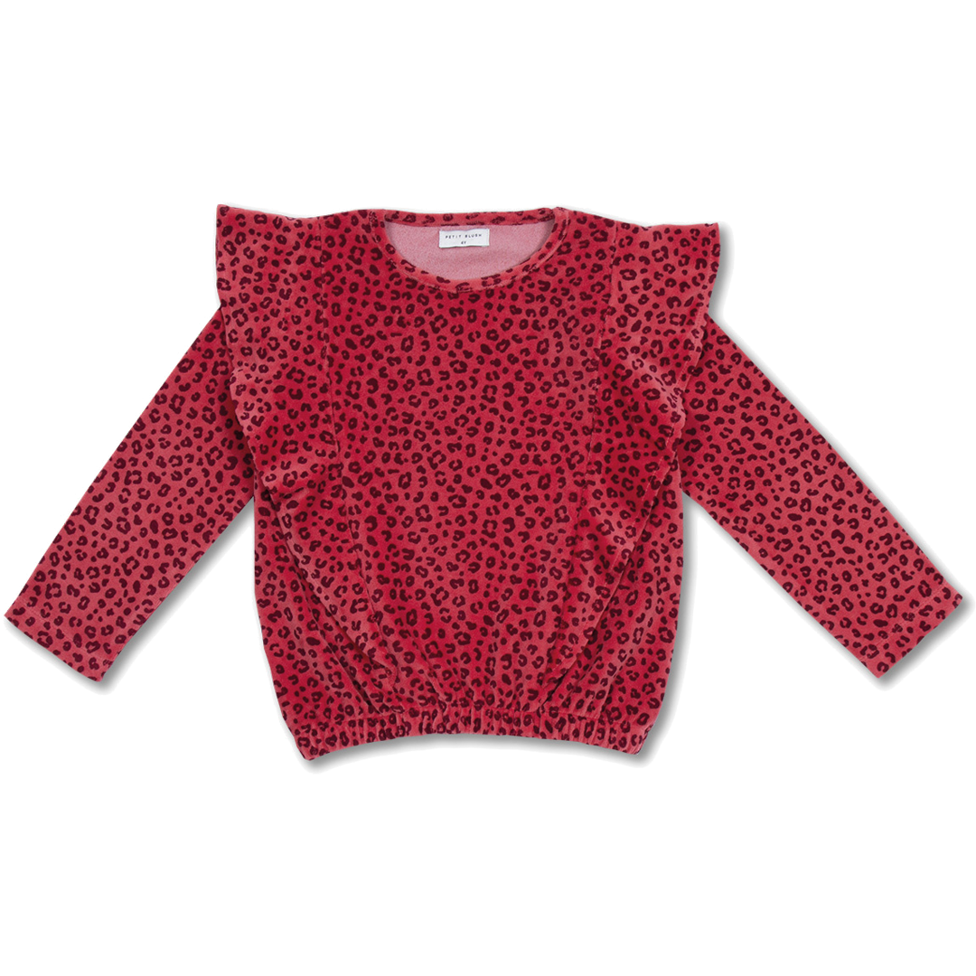Ruffle Sweater Velour | Red Leopard AOP