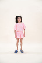 Bluse mit Puffärmeln | Rosa/Neonorange