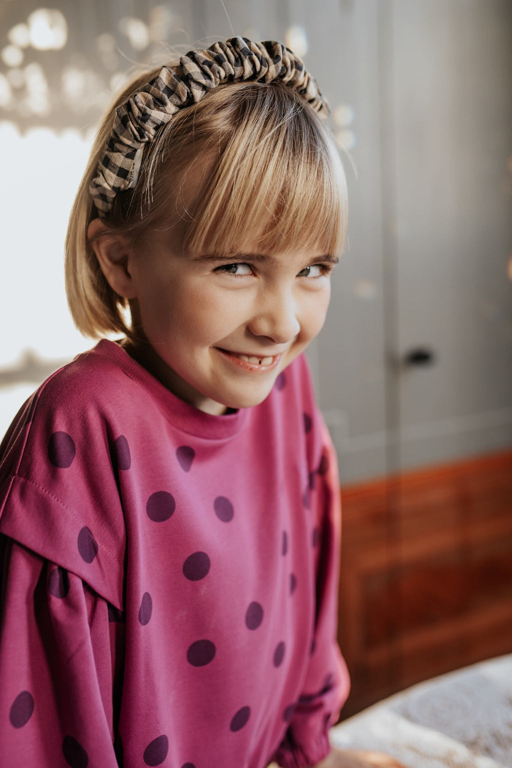 Smocked Headband | Check Beige/Blue
