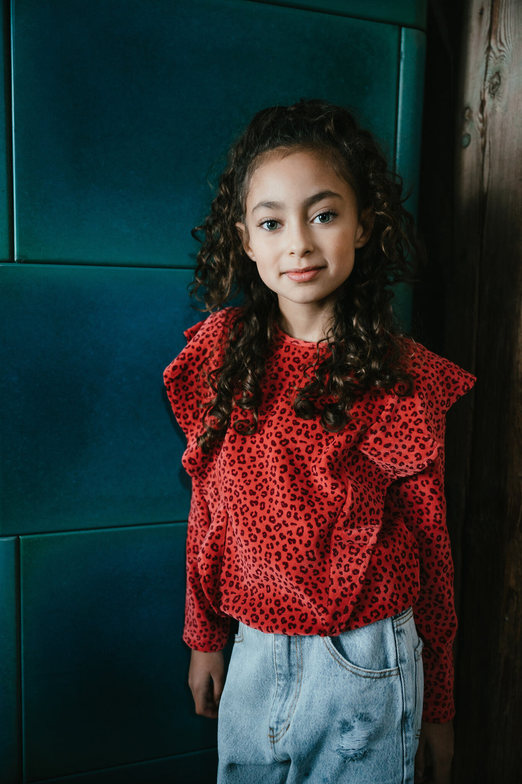 Ruffle Sweater Velour | Red Leopard AOP