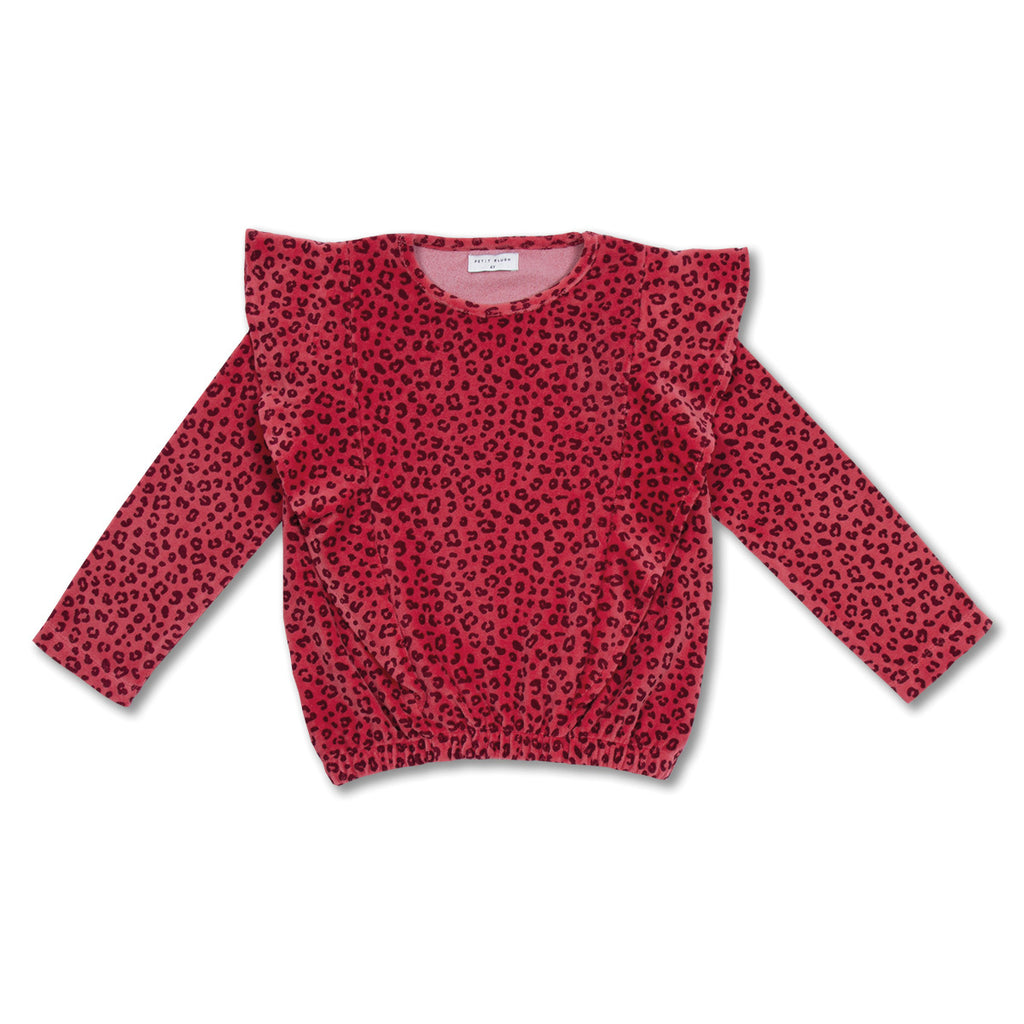 Ruffle Sweater Velour | Red Leopard AOP