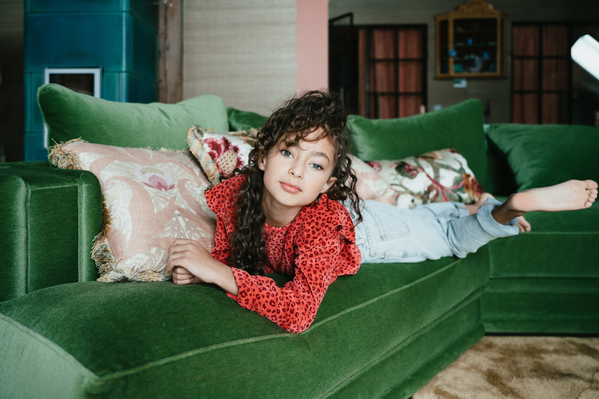 Ruffle Sweater Velour | Red Leopard AOP